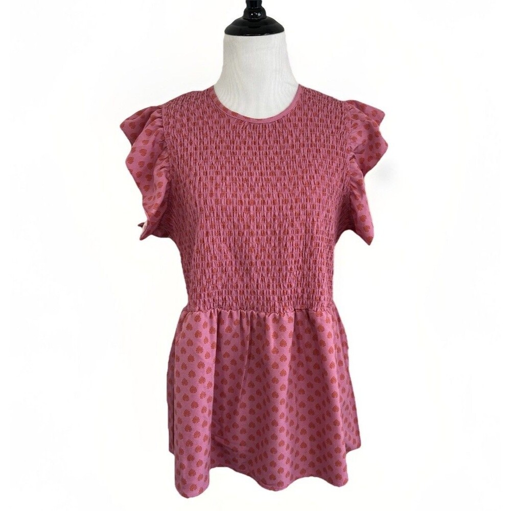 Michelle McDowell Smocked Flutter-Sleeve Pink Blouse Medium